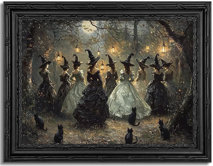 Black Framed Wall Art Gothic Witch with Black Cat Canvas Print Dark Academia Halloween Decor Picture Moody Fantasy Witch Dancing Artwork for Living Room Bedroom 12×16 inch