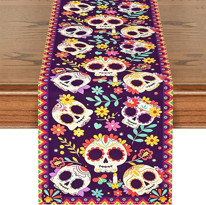 Dia De Los Muertos Sugar Skull Floral Table Runner - 13"x72" Day of The Dead Altar Decoration HalloweenTable Runner for Mexican Fiesta Halloween Dining Room Party Decor - skull floor mat