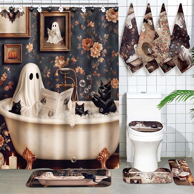 Peryiter 21 Pcs Vintage Halloween Shower Curtain Set, 70.9", Ghost Rugs - skull toilet mat