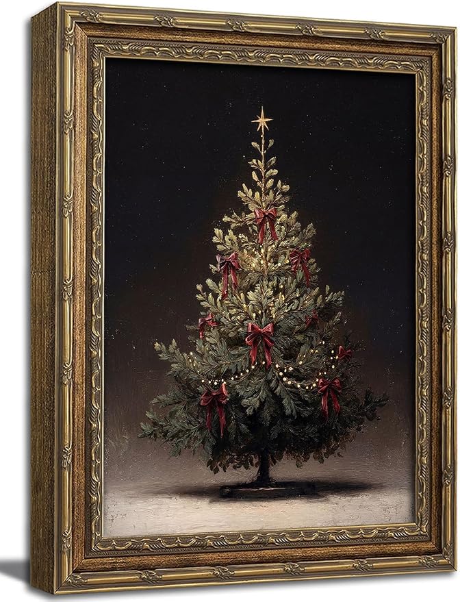 Gold Framed Wall Art Vintage Christmas Tree Canvas Print Antique Winter Holiday Decor Picture Moody Red Bow Christmas Tree Artwork for Living Room Bedroom 9x11 inch - skull wall art