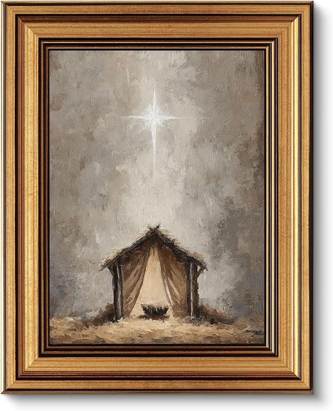 Gold Framed Wall Art Vintage Nativity Canvas Print Christmas Manger Decor Picture Star of Bethlehem Jesus Birth Artwork for Living Room Bedroom 9x11 inch - skull painting