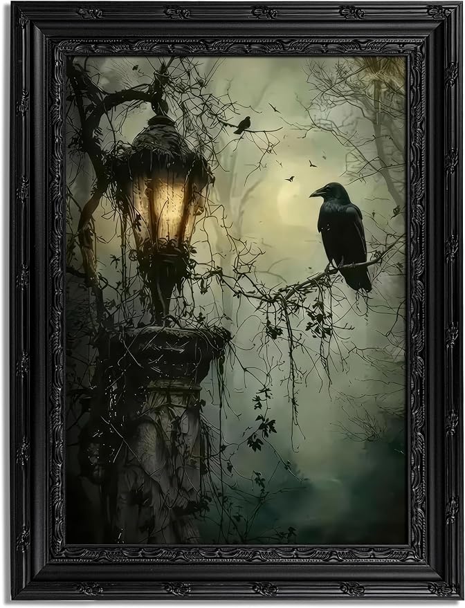 Black Framed Wall Art Gothic Raven Canvas Print Halloween Spooky Raven Crow Lantern Decor Picture Moody Dark Academia Artwork for Living Room Bedroom 9x11 inch - skull wall art