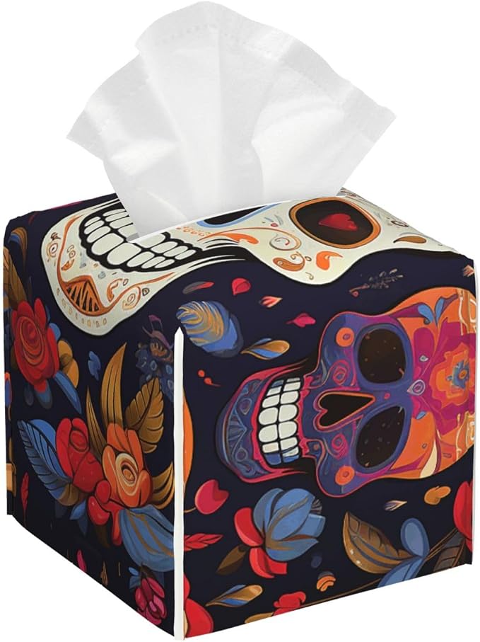 Pu Leather Cube Tissue Box Holders Modern Waterproof Square Tissue Box Cover Mexican Halloween Floral Sugar Skull Facial Paper Holder for Bathroom Kitchen Nightstand Office Home Decor - skull toilet paper