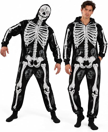 Adult Skeleton Onesie Costume, Hooded Halloween Jumpsuit - skeleton