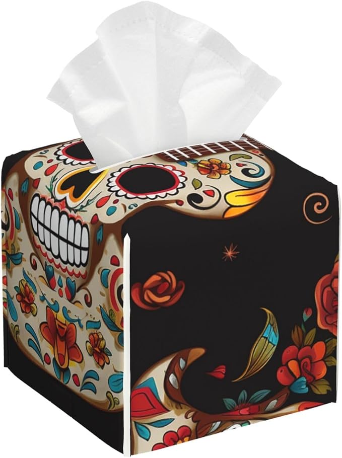 Pu Leather Cube Tissue Box Holders Modern Waterproof Square Tissue Box Cover Guitar Pepper Sugar Skull Facial Paper Holder for Bathroom Kitchen Nightstand Office Home Decor - skull toilet paper