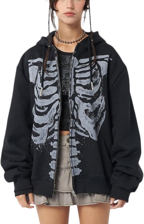 Women Y2k Skeleton Hoodie Long Sleeve Zip Up Oversized Skull Hooded Sweatshirt Jacket Grunge Clothes