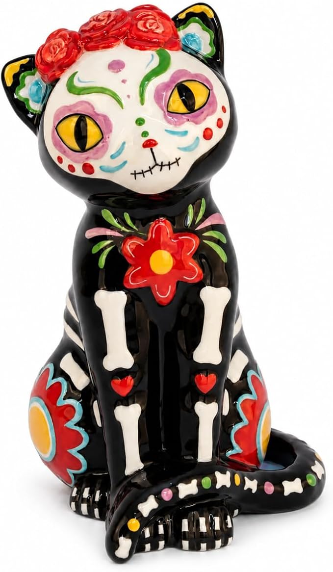 Blue Sky Clayworks Diandre Day of the Dead Cat Figurine, 5.75" L x 5.75" W x 8.25" H - skull figurine