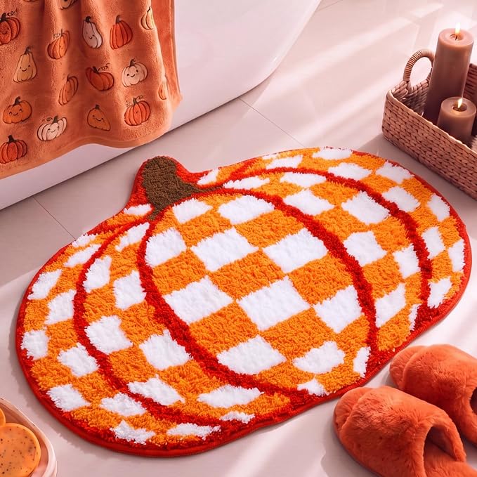 Boao Checkered Pumpkin Bath Mat, Fall Bathroom Decor, Halloween Bath Rug