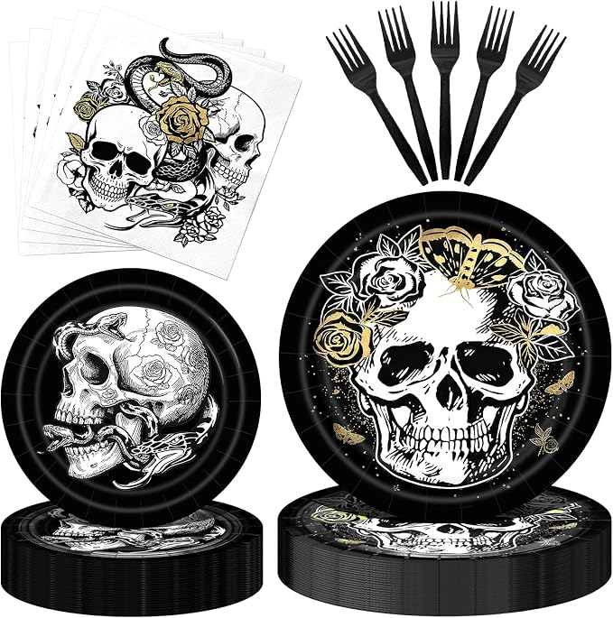 96 Pieces Gothic Halloween Tableware Set – Black Skull Skeleton Disposable Plates, Napkins and Forks for Spooky Gothic Halloween Party Decorations, Horror Birthday and Haunted House Celebrations - skull plate