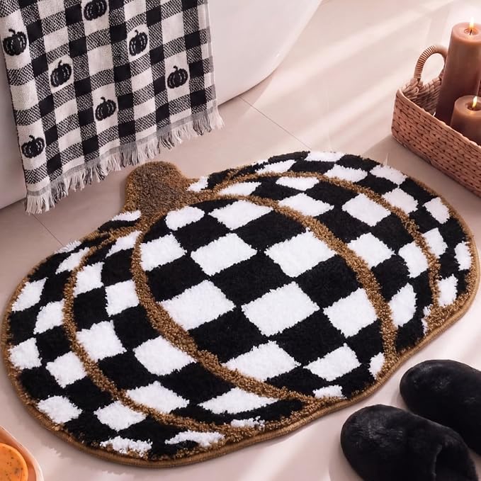 Boao Checkered Pumpkin Bath Mat, Fall Bathroom Decor, Halloween Bath Rug - skull toilet mat