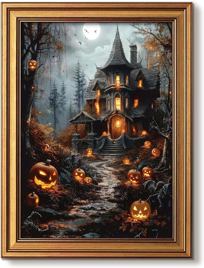 Gold Framed Gothic Halloween Wall Art Fantasy Haunted House Prints 12×16 In