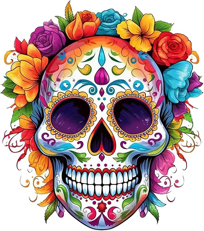 Colorful Sugar Skull Car Sticker, Vinyl, Day of the Dead Floral Design, 6 x 5.12 Inches, for Bumpers, Laptops, Glass and Walls,2Pack,#B042A - skull sticker