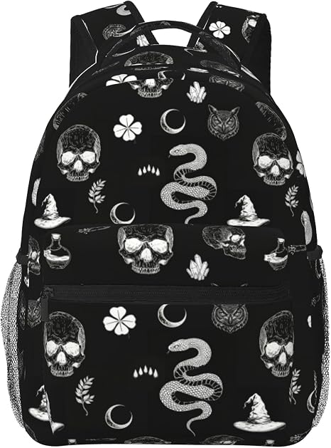 Gothic Witch Backpack, Skull Snake Moon Print School Bookbag 17 Inch Lightweight Casual Daypack for Teens Boys Girls Travel Laptop Backpack (Skull) - skull backpack