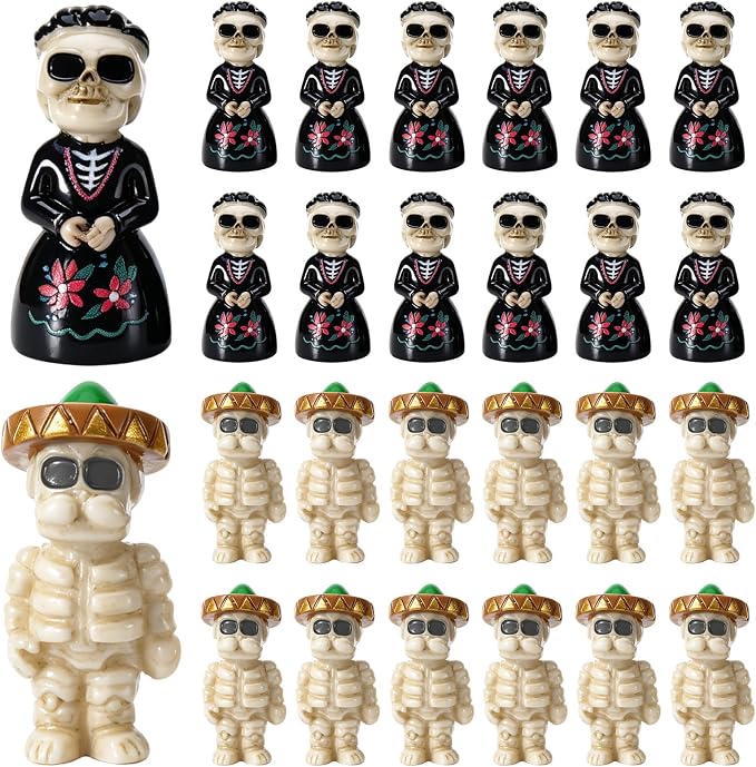 24 Pcs Day of The Dead Halloween Mini Skeleton Figurines - skull figurine
