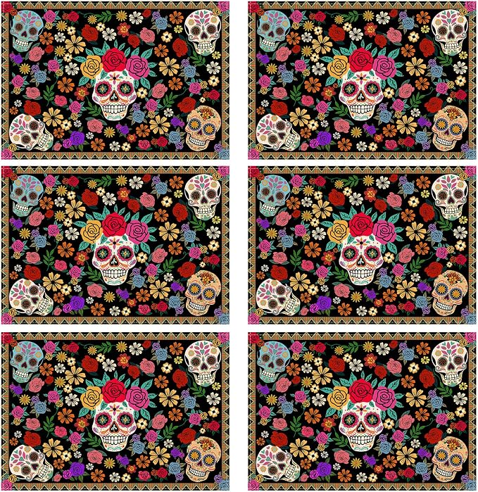 XCHI Day of The Dead Flowers Placemats Set of 6 Table Decor12x18 Inch - skull floor mat