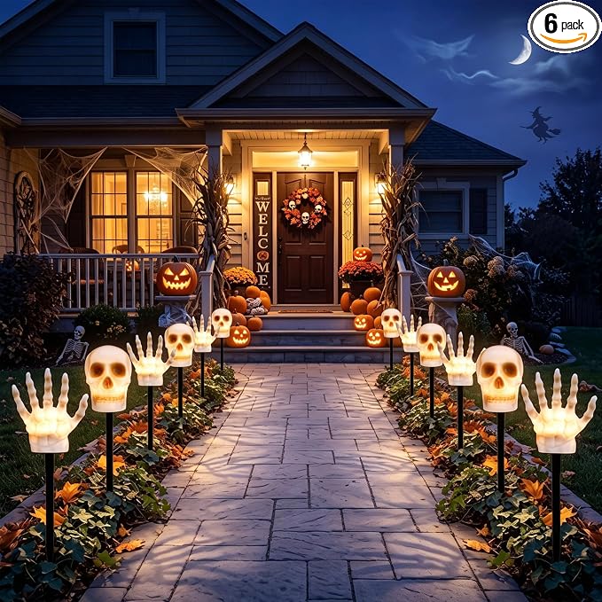 13Ft Halloween Skull Pathway Lights, 6 PacK LED Outdoor Skeleton Lights