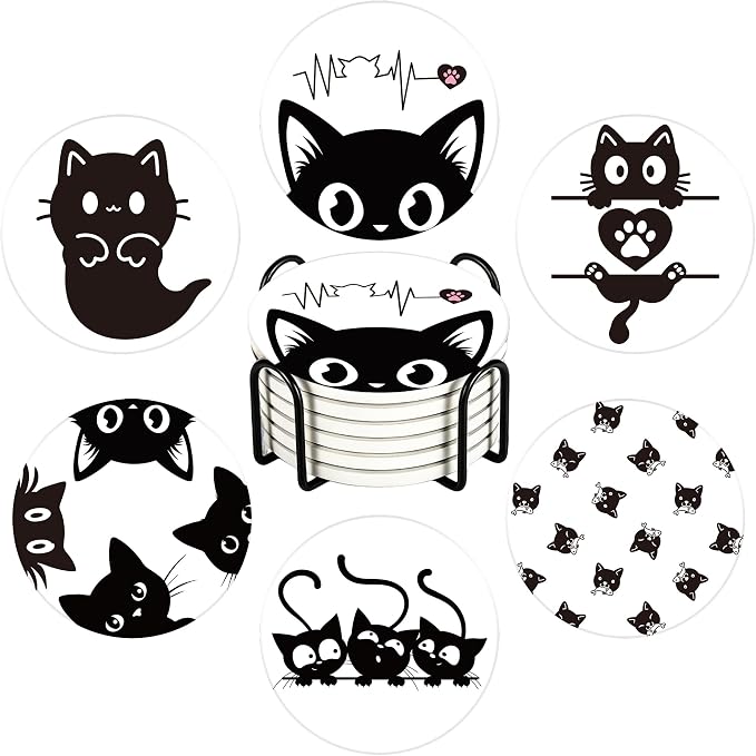6Pcs Cute Black Cat Coasters with Holder - skull coaster