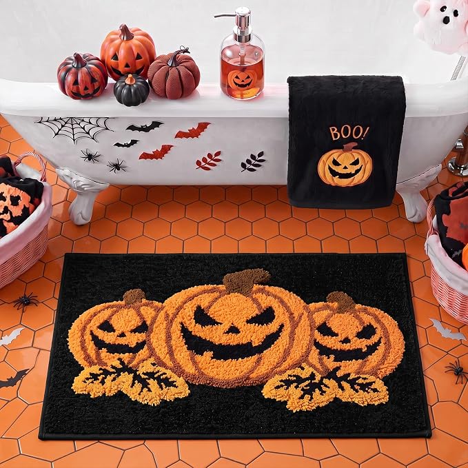 3D Halloween Pumpkin Bathroom Rug with Raised Plush Spooky Pumpkin31''x20'' - skull toilet mat