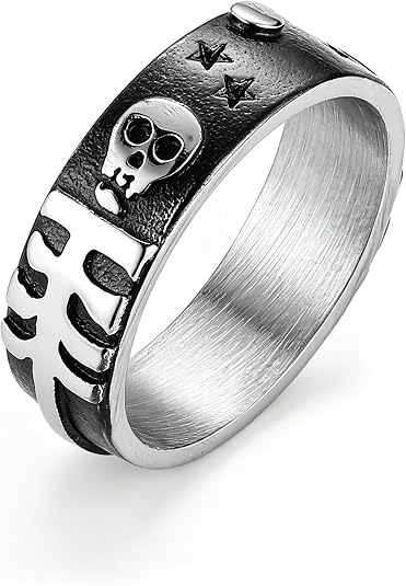 HZMAN Skull Cross Star Ring for Men Women, Stainless Steel Gothic Punk Statement Band, Silver & Gold Two-Tone Options, Sizes 7-13, Biker Rock Jewelry Gift - skull ring