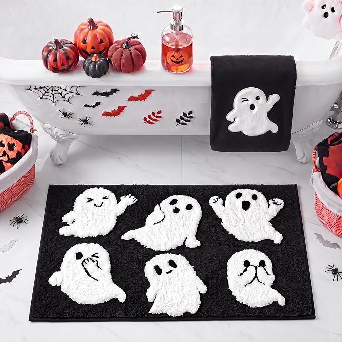 Lyrow Halloween Bathroom Rug with 3D Raised Plush Ghost 31”x20”, Black
