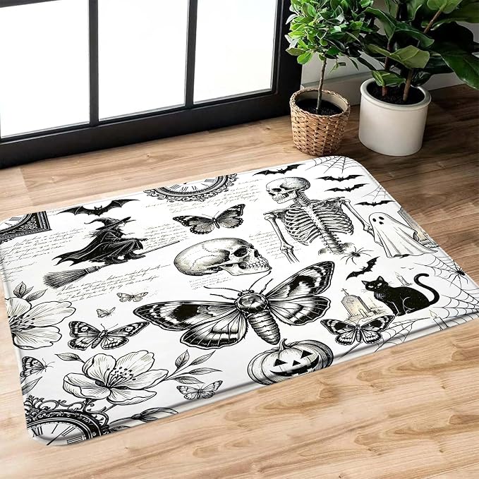 Vintage Gothic Halloween Bath Mat Black White Skull Skeleton 17.7×29.5 Inch