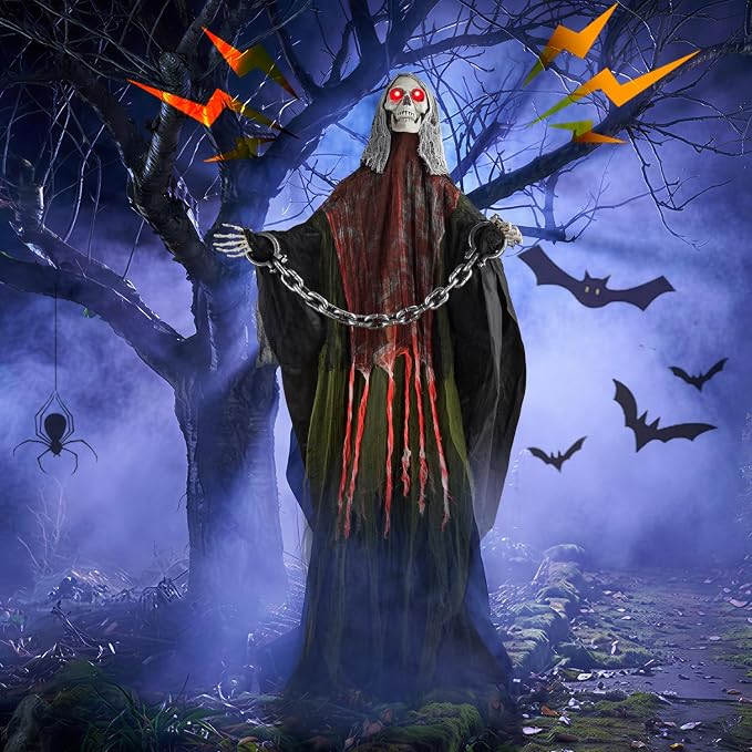 Halloween Skeleton With LED Red Glowing Eyes, Sound & Touch Activated Motion, Audio & Swaying Body, Adjustable Joint Arms for Theme Party, Yard, Lawn, Indoor Outdoor Display Blood Gauze - skeleton