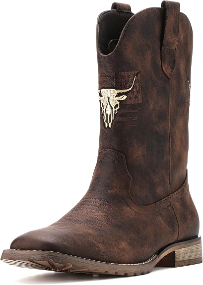 JASONSTAR Western Cowboy Boots for men, Vintage Distressed Brown Square Toe Mid-Calf Boots with Longhorn Skull American Flag Embroidery, Non-Slip Rubber Sole Comfortable for Riding Outdoor Daily Wear - sugar skull boots