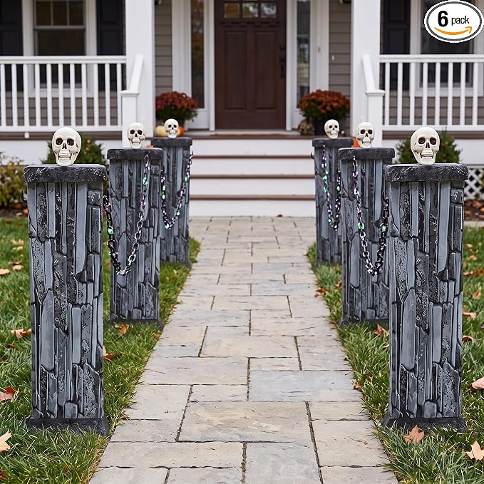 Outus 22 Pcs Halloween Fence Decor Kit Skull Topper Cemetery Outdoor Decor - string light