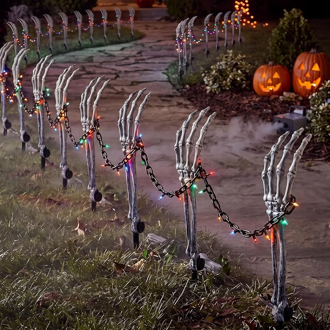 Outus 34 Pcs Halloween Fence Outdoor Decorations Skeleton Hand Stake Kit - string light