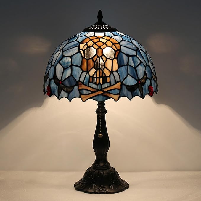Tiffany Style Stained Glass Skull Lamp, Gothic Pirate Table Lamp, Halloween Home Decor Accent Light (Bulb Not Included, 12x12x19 in)