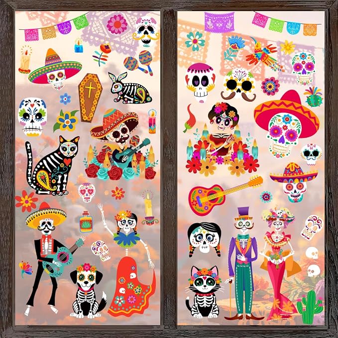 Dia De Los Muertos Window Clings Day of The Dead Stickers Ofrenda Decor Outdoor Indoor Dia De Los Muertos Windows Decorations for Home - skull sticker