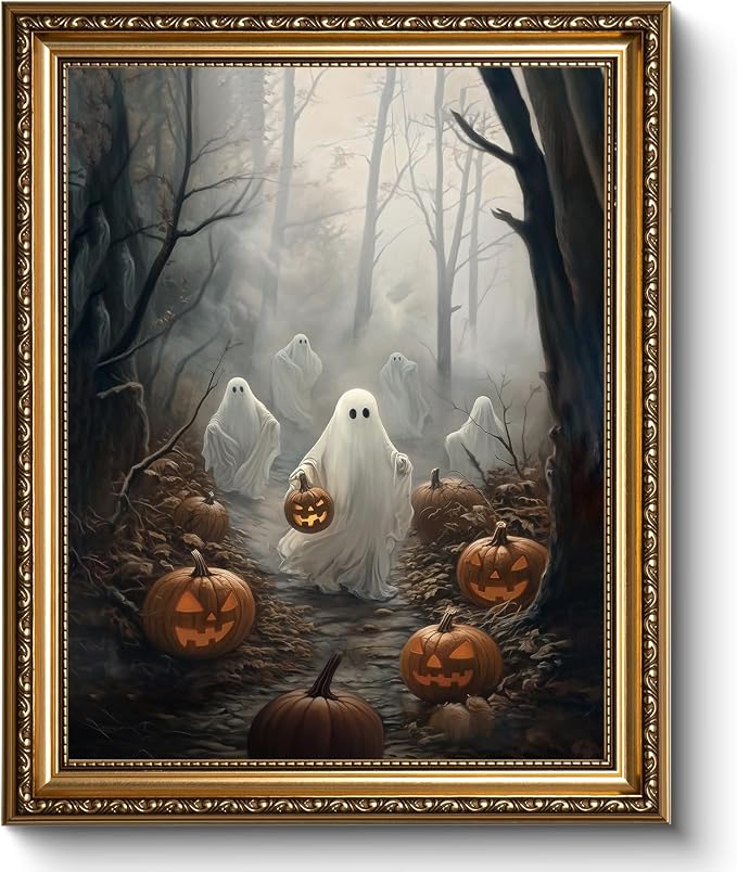 WHASAYART Ghost Lantern Halloween Vintage Gold Framed Canvas Wall Art