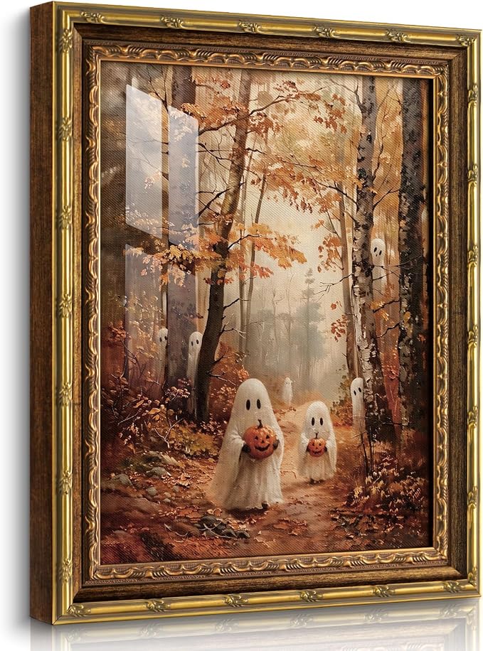 HUARCEY Gold Framed Halloween Wall Art 13"x16" Vintage Ghost Canvas Prit - skull wall art