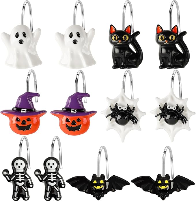 12 Pcs Halloween Shower Curtain Hooks Ghost Pumpkin Decor Set - string light