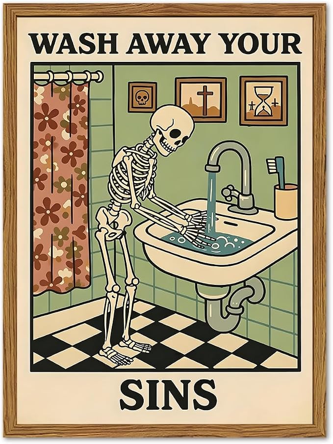 Framed Funny Bathroom Skeleton Wall Art, Wash Away Your Sins Pictures Wall Decor, Halloween Gothic Dark Academia Paintings Canvas Prints Moody Home Decor for Bathroom Restroom 12x16 inch - skull wall art
