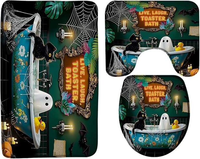 Funny Black Cat and Ghost 3 Piece Bath Mat Sets,Humor Design Spooky Gothic Halloween Bathroom Memory Foam Rug,16"x24"Bath Mat,Toilet Seat Cover,U-Shaped Toilet - skull toilet mat