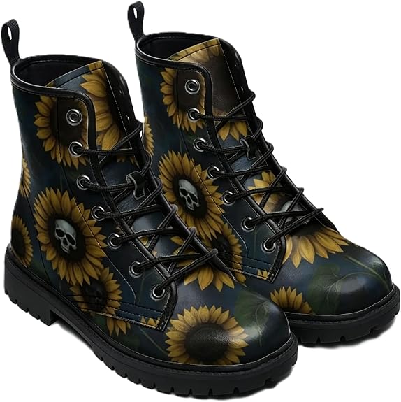 Women's Printed Combat Boots with Skull Flower Rose Floral Shoes Lace Up Platform Booties Fashion Punk Gothic Casual Comfortable Motorcycle Boots for Daily Travel Halloween Party - sugar skull boots