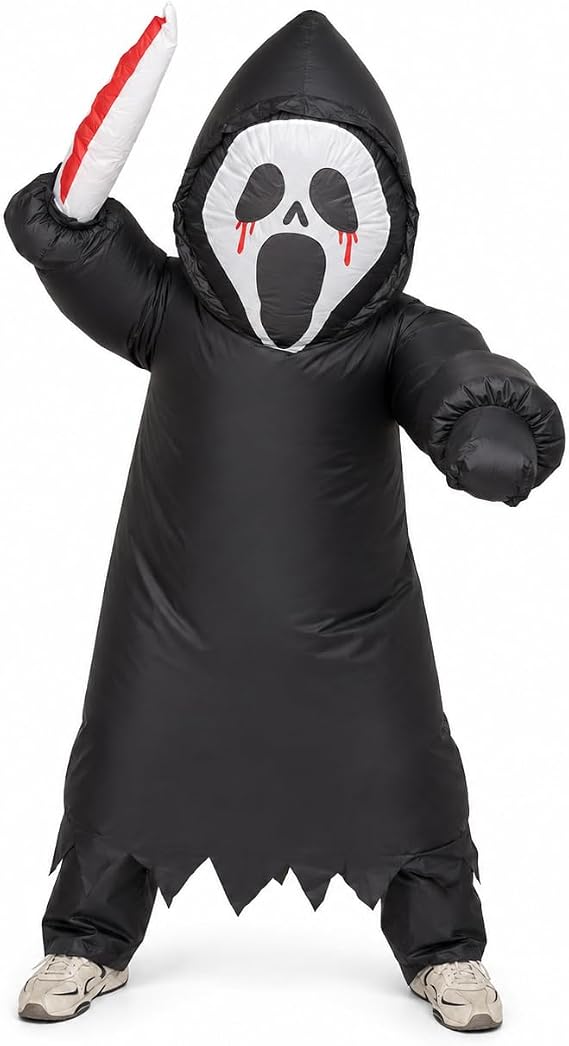 Inflatable Killer Costume for Adults, Halloween Blow Up Ghost Costume with Bleeding Eye Mask, Scary Hooded Phantom Cosplay Outfit for Halloween Party, Haunted House, Trick or Treat, Carnival - skull inflatable