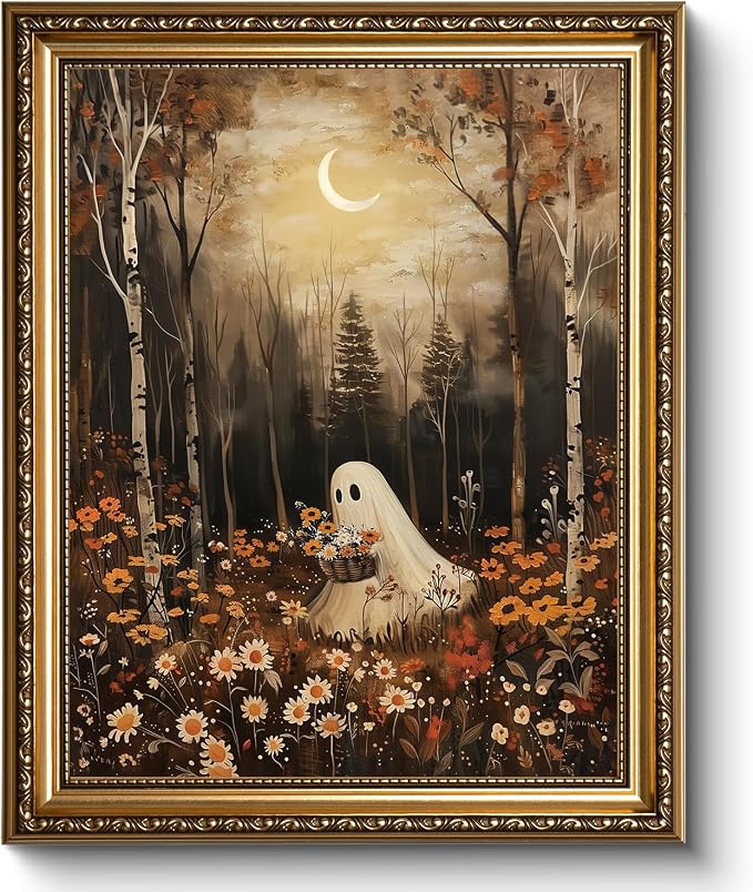 WHASAYART Forest Ghost Picking Flowers Vintage Gold Framed Canvas Wall Art