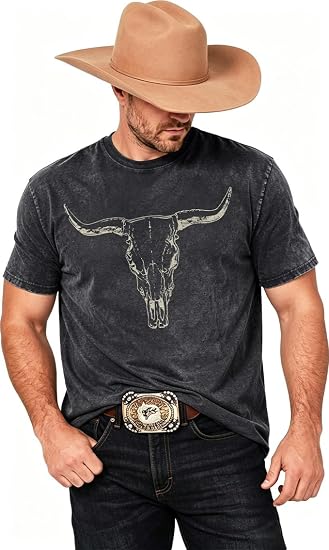 Western Shirts for Men Vintage Rodeo Cowboy Oversized Graphic Tees - skull tshirt