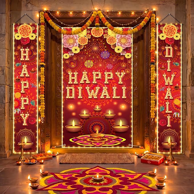 3 Pcs Day of The Dead Lighted Door Banners, Sugar Skull Banner, Diwali - string light