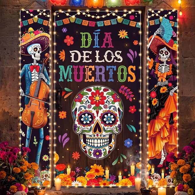 3 Pcs Day of The Dead Lighted Door Banners, Sugar Skull Banner, Skeleton - string light