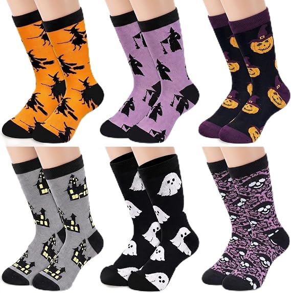 Glitopper 6 Pairs Halloween Crew Socks for Men Women Gift Bulk - sugar skull costume