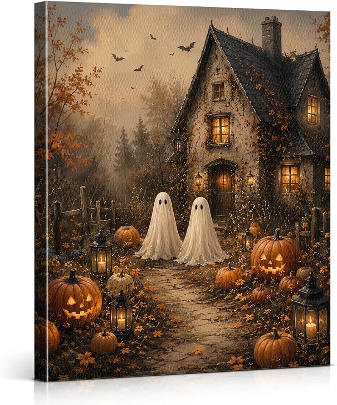 Rustic Halloween Ghost Canvas Wall Art, Vintage Pumpkin Cottage Fall Poster, Spooky Lantern Fall Prints for Living Room Bedroom Bathroom Wall Decor 8x10 Inches Framed - skull wall art