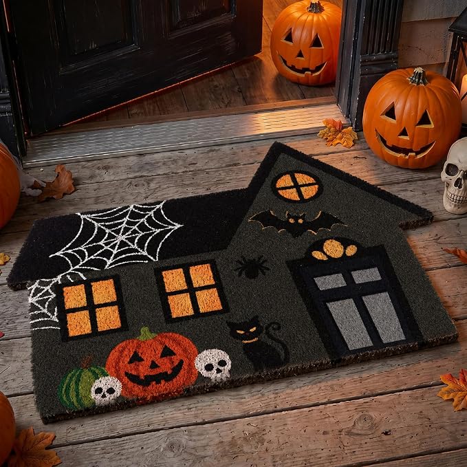 Halloween Haunted House Natural Coir Welcome Doormat, Non Slip - skull floor mat