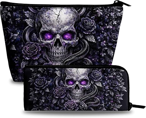 Cool Skull Rose Gothic Style Makeup Bag Cosmetic Bag for Women,1Pcs Large Capacity Makeup Bags and 1Pcs Pencil Case Makeup Brushes Storage Bag Travel Toiletry Bag Organizer - skull suitcase