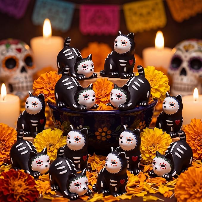 Marsui 12 Pcs Day of The Dead Figurines Cat Mini Ofrenda Decoration - skull figurine