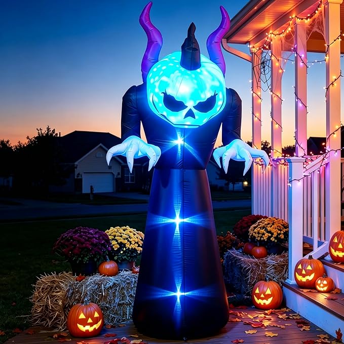 Scary 7FT Halloween Inflatable Pumpkin Grim Reaper, Rotating Blue LED Yard