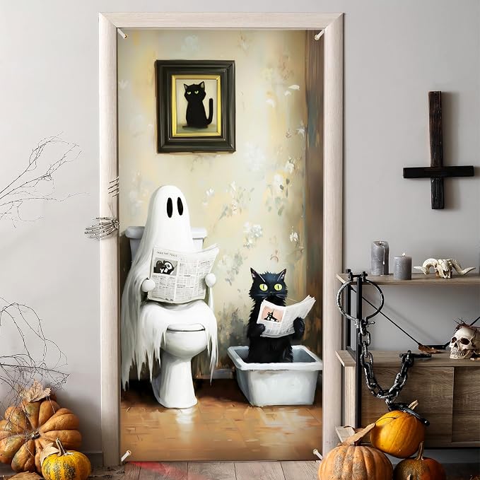 Frienda 35"x72" Halloween Door Cover Indoor Ghost Bathroom Decorations - skull toilet paper
