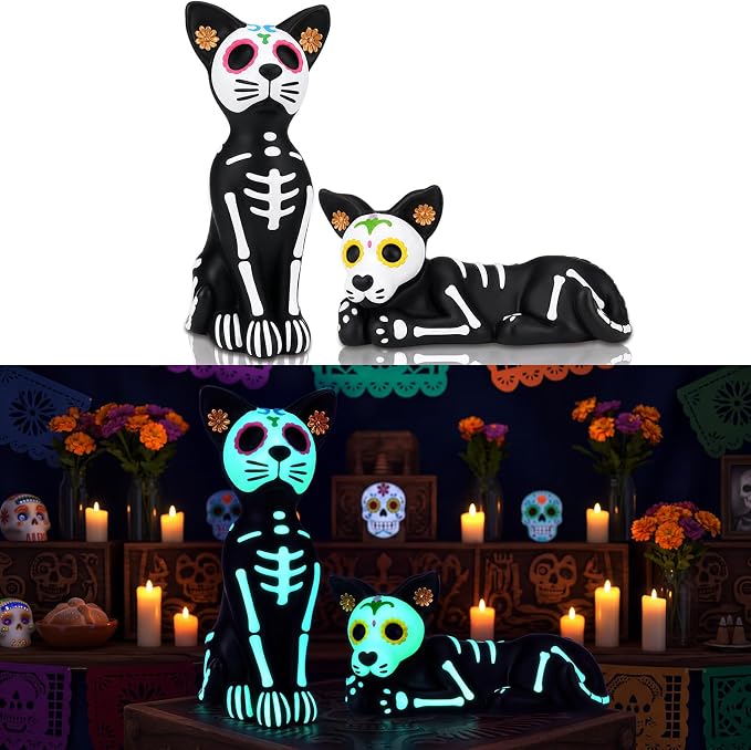 Simgoing 2 Pcs Luminous Day of The Dead Figurine Skeleton Halloween Dog - skull figurine